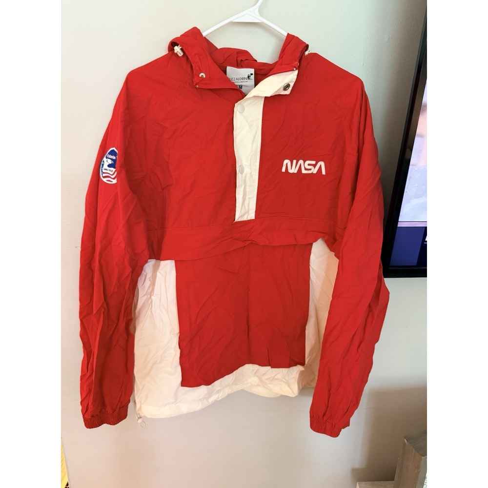 Buzz Aldrin Men's Red Windbreaker Pullover NASA Patches Quarter Snap Medium